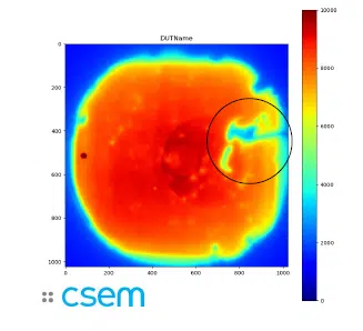 Photoluminescence mapping of a silicon solar cell measured at CSEM.
The highlighted region reveals local passivation inhomogeneities, supporting ongoing optimisation work within LEEMONS.