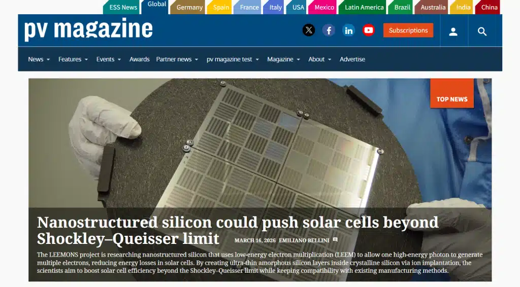 Nanostructured silicon wafer used in the LEEMONS project to study low-energy electron multiplication for high-efficiency solar cells