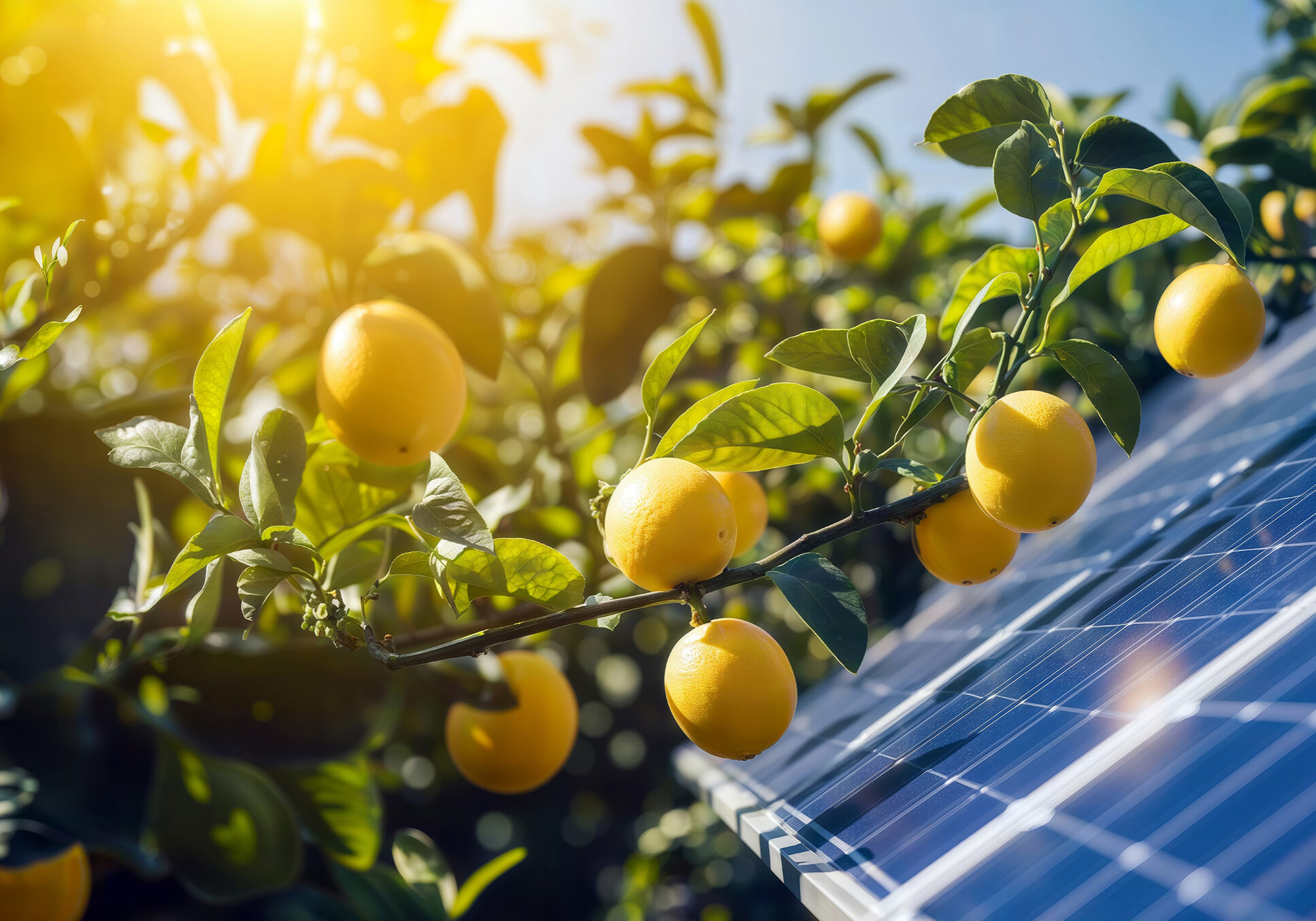 Solar Citrus Grove. Lemon tree branches with ripe fruits in foreground, solar panels in background, illustrating integration of agriculture and renewable energy. Solar Citrus Grove. Lemon tree branches with ripe fruits in foreground, solar panels in background, illustrating integration of agriculture and renewable energy.