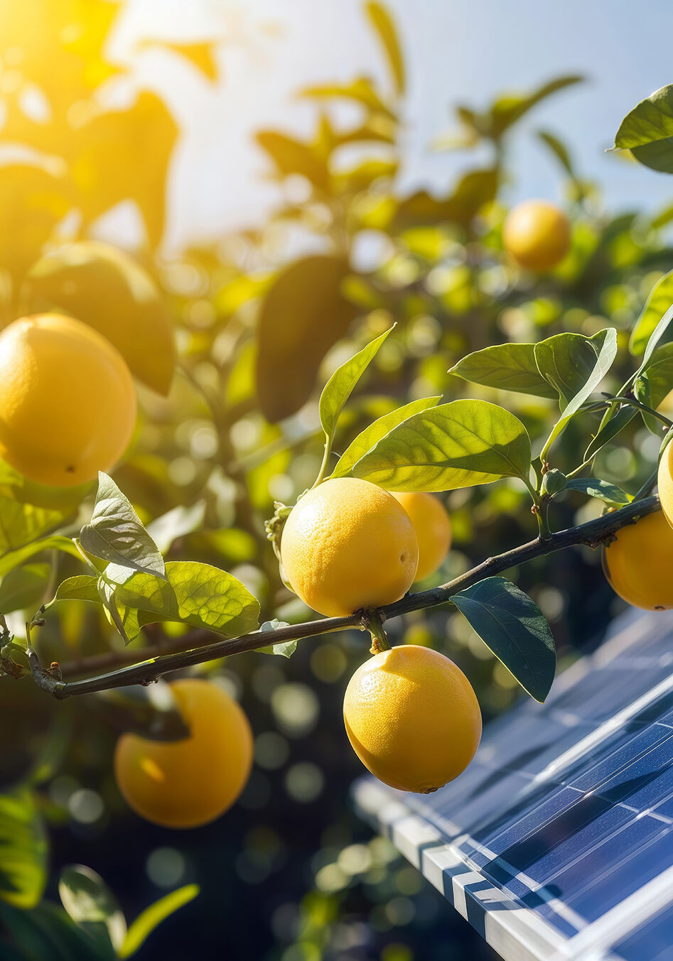 Solar Citrus Grove. Lemon tree branches with ripe fruits in foreground, solar panels in background, illustrating integration of agriculture and renewable energy. Solar Citrus Grove. Lemon tree branches with ripe fruits in foreground, solar panels in background, illustrating integration of agriculture and renewable energy.