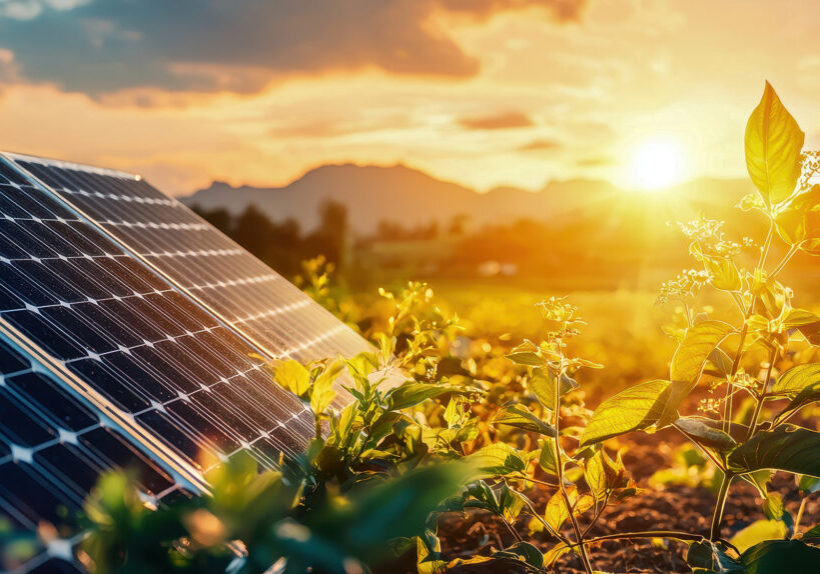 A solar panel stands amidst lush greenery, capturing sunlight during a vibrant sunset, symbolizing sustainable energy.