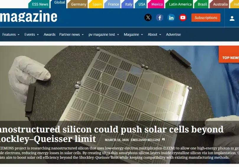 Nanostructured silicon wafer used in the LEEMONS project to study low-energy electron multiplication for high-efficiency solar cells