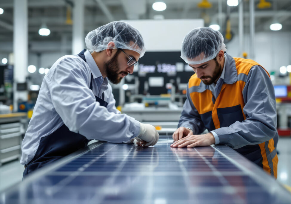 Two colleagues in factory working on solar cell
